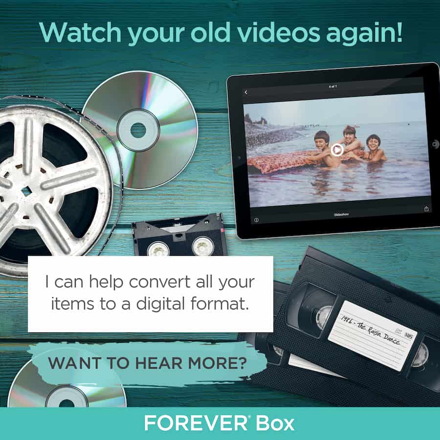 FOREVER Box digital conversion of photos, videos, vhs, and cds.